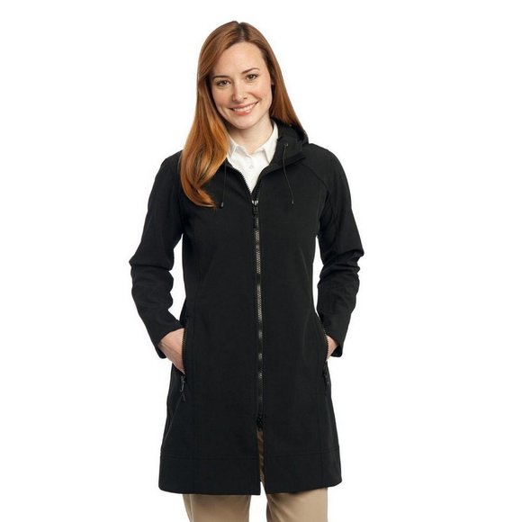 Port Authority Thigh Length Black Soft-shell Hooded Rain Jacket L-306 Women’s L - Picture 1 of 3